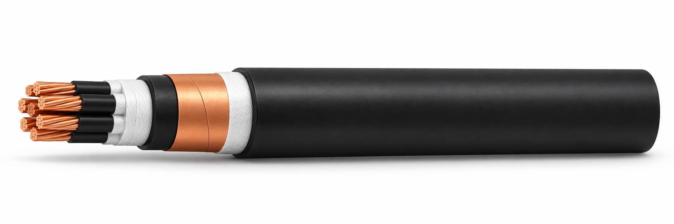 CTW-CVVS 600 V cable illustration, concentric stranded annealed copper, copper tape screen and black PVC sheath