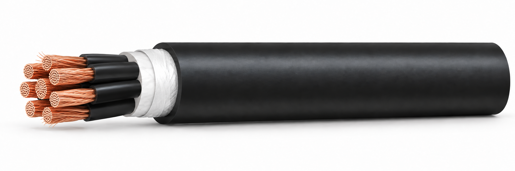 CTW-FCVV 600 V cable illustration, flexible bunched annealed copper, unscreened and black PVC sheath