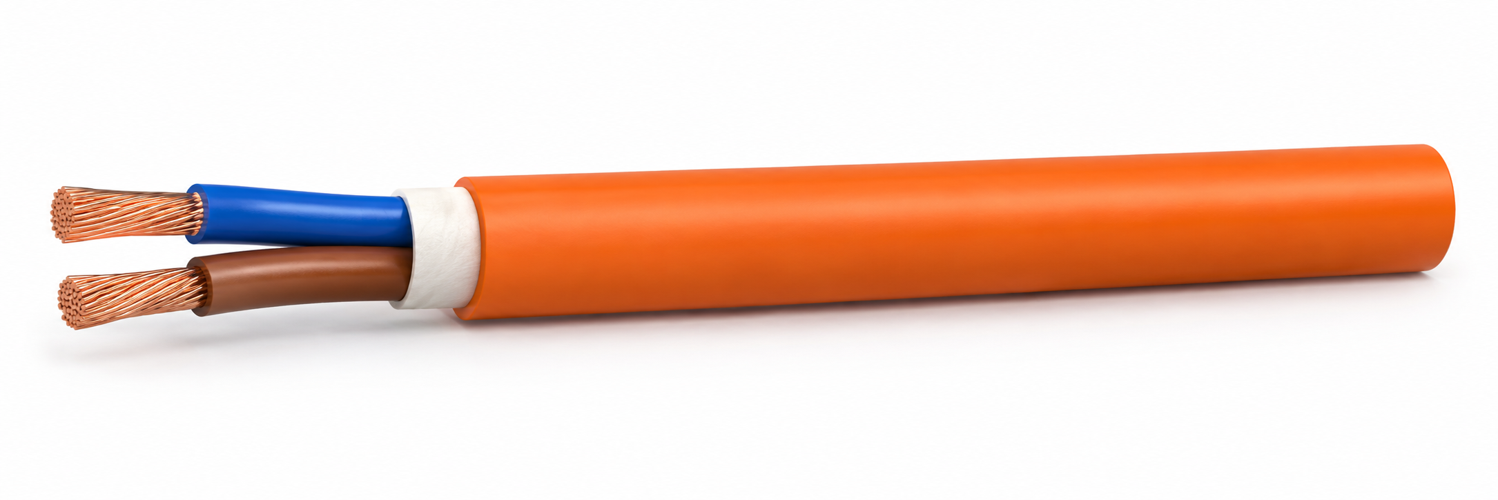 Two-core FLC-LSHF 600M example with blue and brown insulation, copper conductors and an orange outer sheath