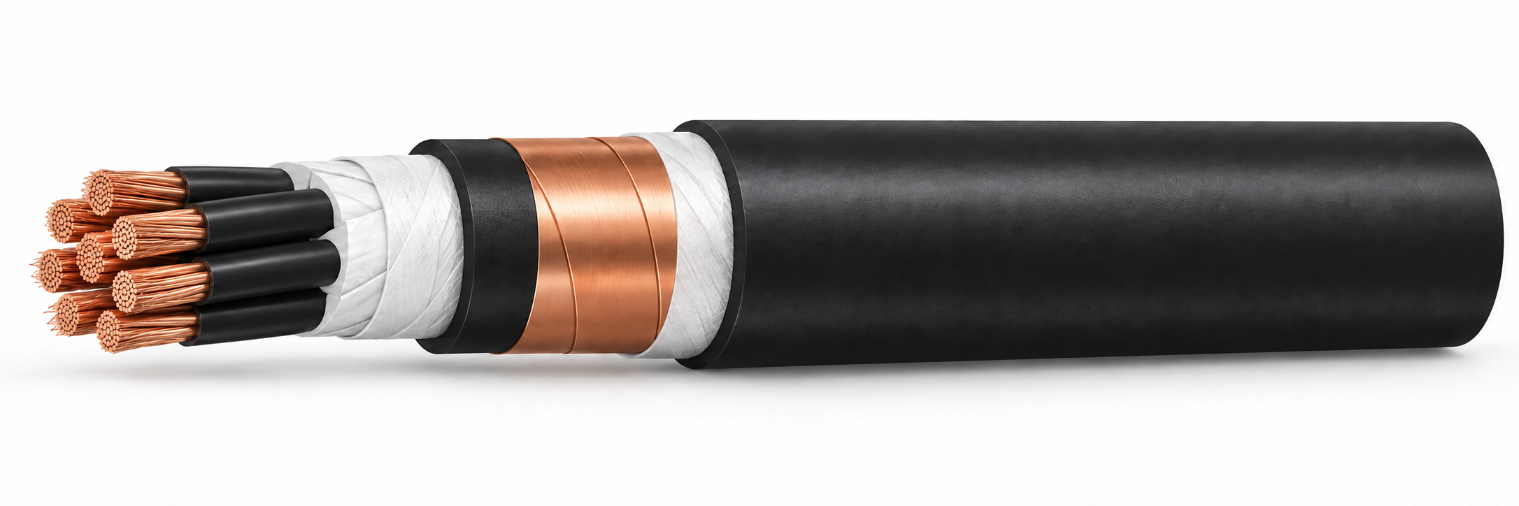 CTW-FCVVS 600 V cable illustration, flexible bunched annealed copper, copper tape screen and black PVC sheath