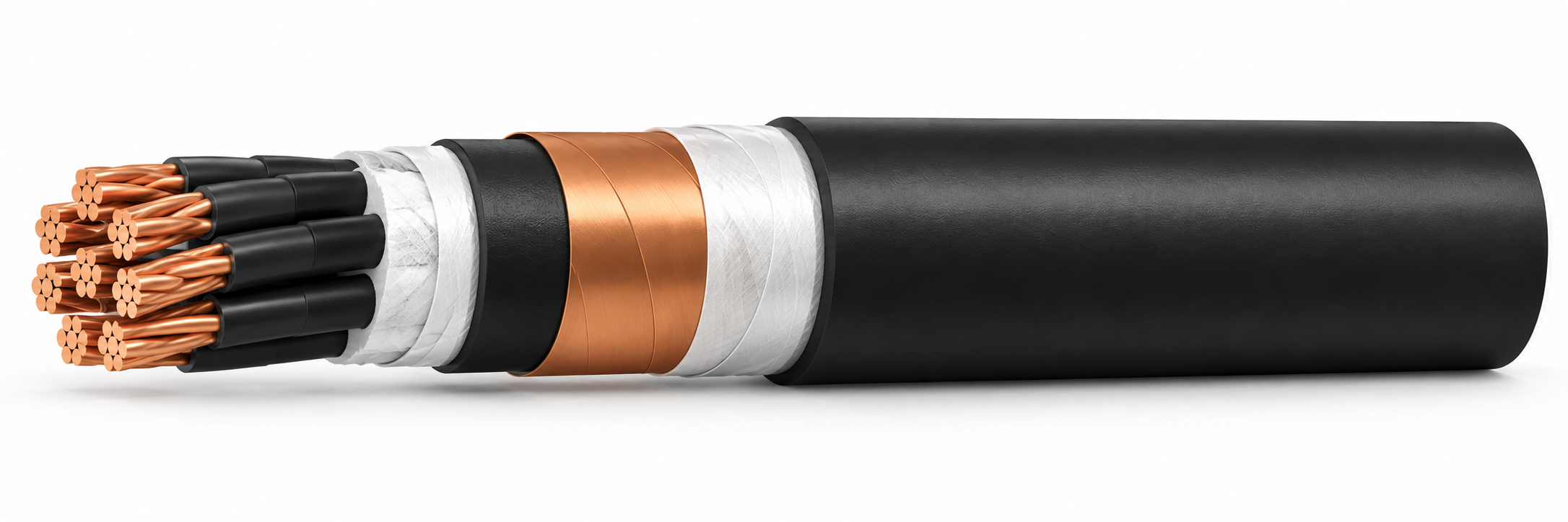 CTW-CVVS 600 V cable illustration, concentric stranded annealed copper, copper tape screen and black PVC sheath