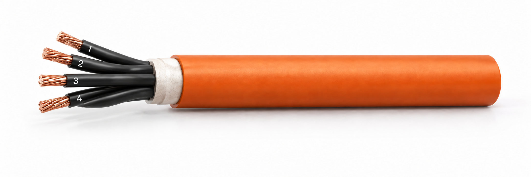 Four-core FLC-LSHF 600M control-cable example with black numbered cores, copper conductors and orange outer sheath