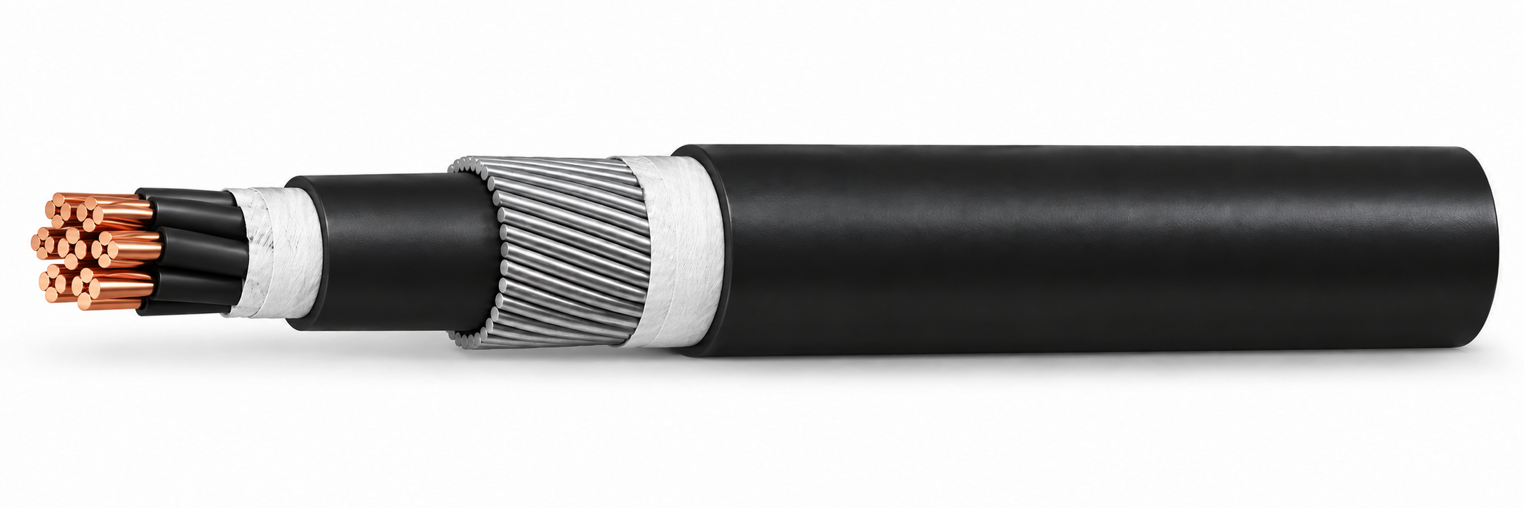 CTW-CVV-SWA 600 V cable illustration, concentric stranded annealed copper, steel wire armour (swa) and black PVC sheath