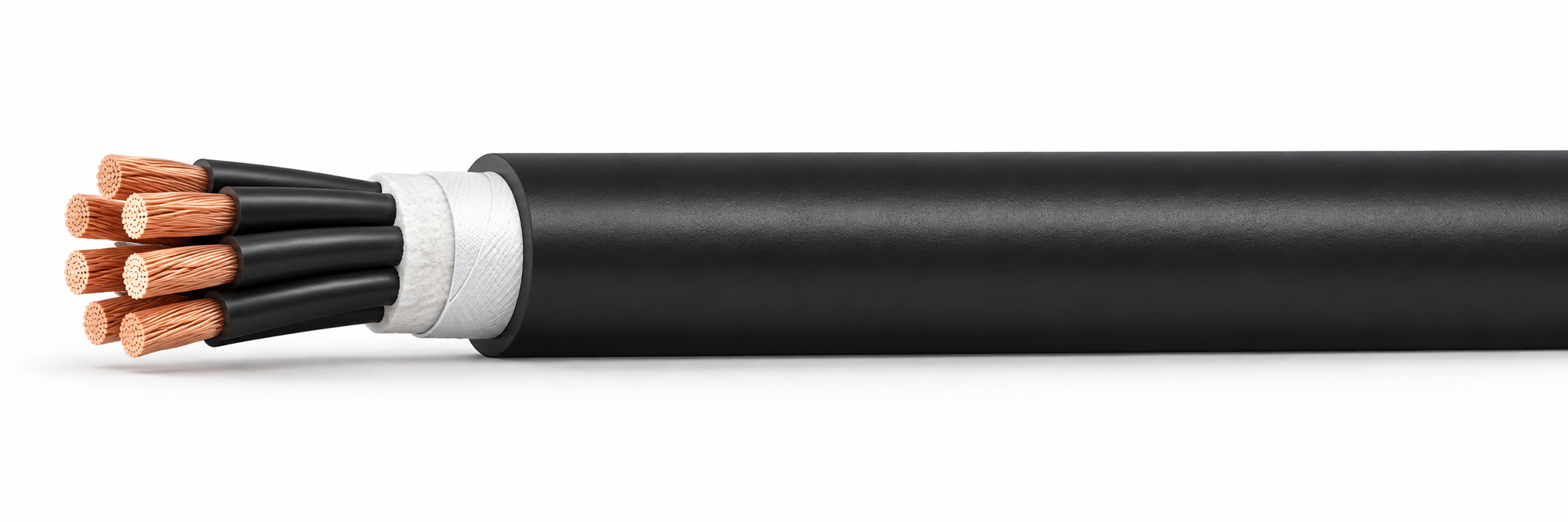 CTW-FCVV 600 V cable illustration, flexible bunched annealed copper, unscreened and black PVC sheath