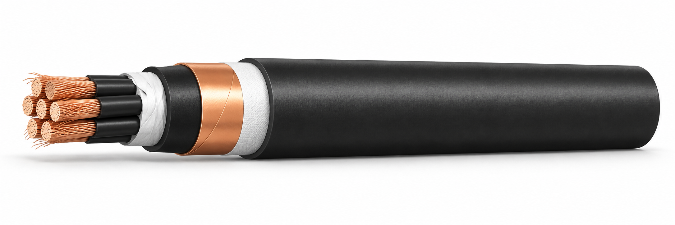 CTW-FCVVS 600 V cable illustration, flexible bunched annealed copper, copper tape screen and black PVC sheath