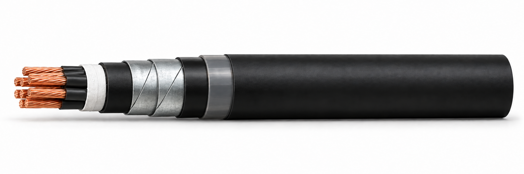 CTW-CVVN-DSTA 750 V cable illustration with black insulated copper cores, double steel tape armour, black overall sheath, Nylon 12 layer and outer protective sheath