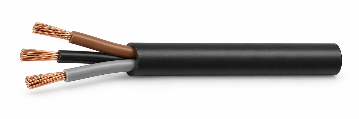 60227 IEC 53 — Round three-core example with brown, black and grey insulation. *Sizes vary by configuration; see the PDF tables.