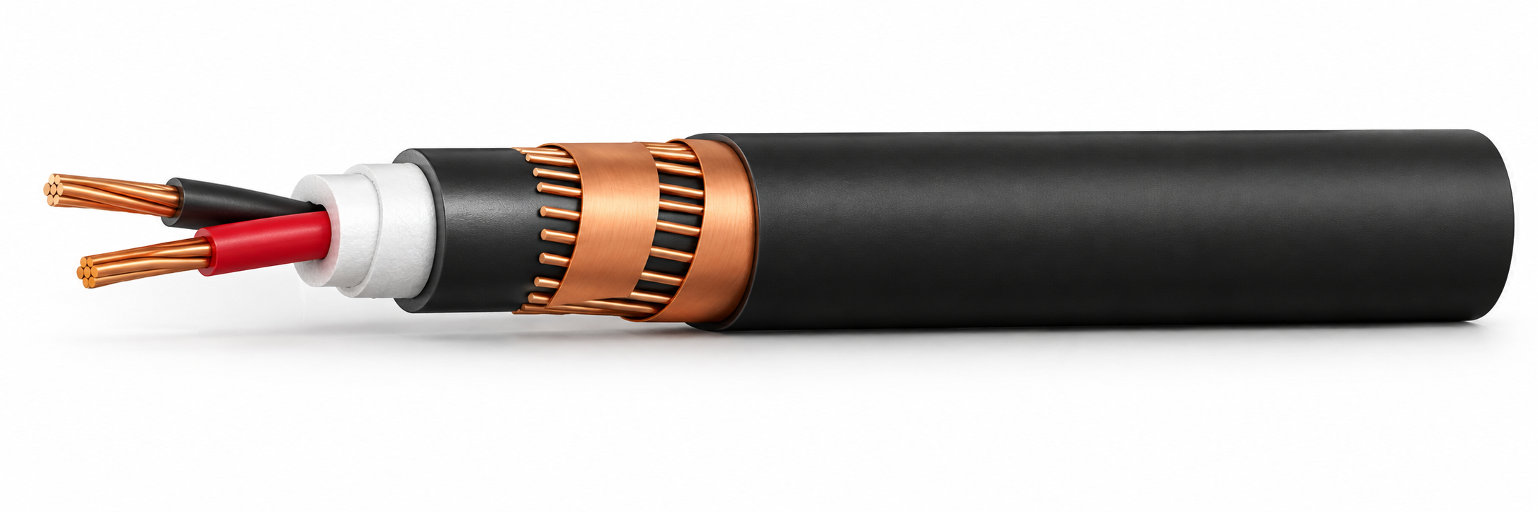CTW-NYCY 750 V power cable illustration with concentric copper wires with a helix of copper tape