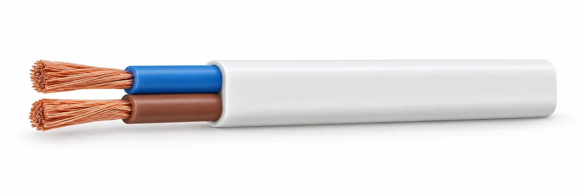 60227 IEC 56 — Flat two-core example with blue and brown insulation and white sheath. Round versions are also listed.