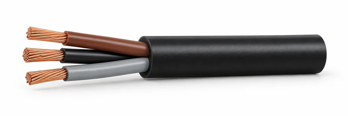 60227 IEC 57 — Round three-core example with brown, black and grey insulation. *Sizes vary by configuration; see the PDF tables.