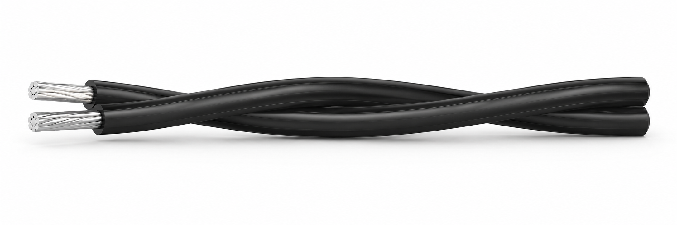 Two black XLPE-insulated aluminium cores twisted together as an aerial bundled cable