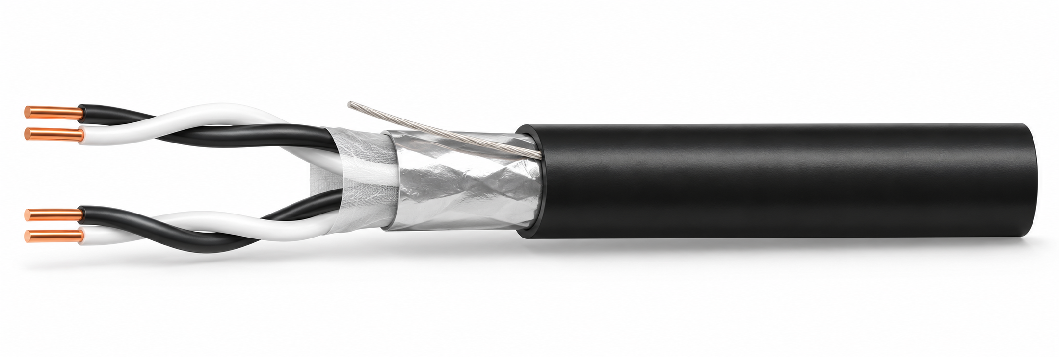 CTW-RE-2Y(ST)Y-PR cable illustration with PE insulation, collective foil screen and black PVC sheath