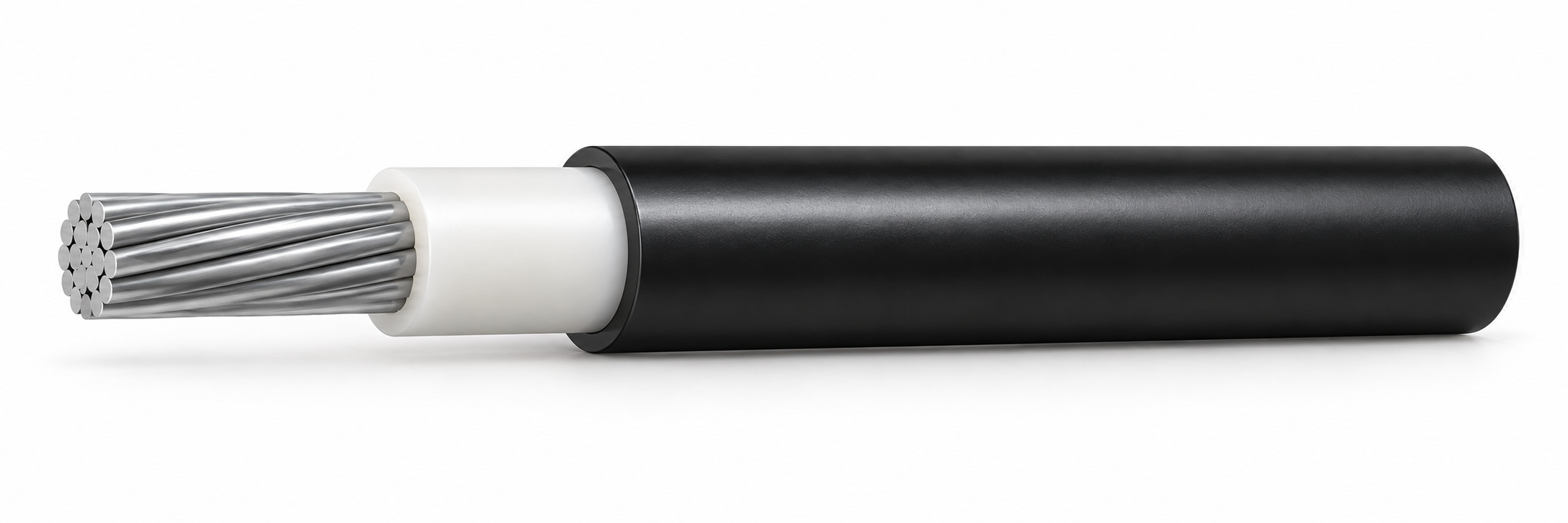 Single-core power cable with stepped aluminium conductor, natural XLPE insulation and black PVC sheath