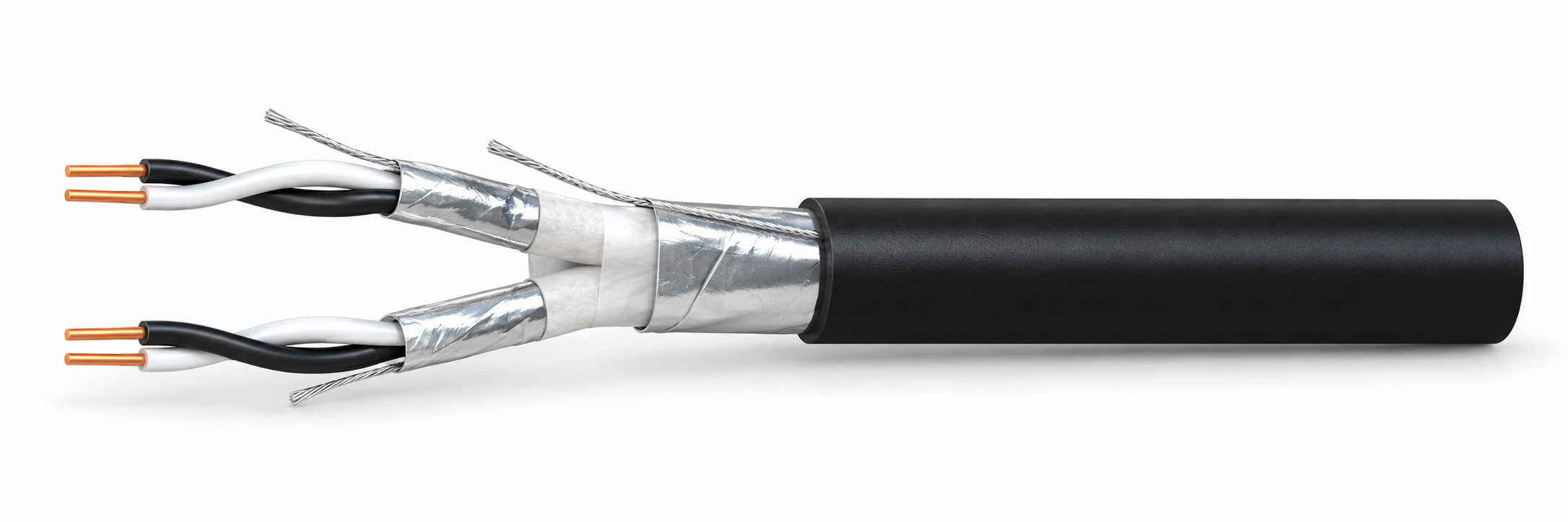CTW-RE-2Y(ST)Y-PS cable illustration with PE insulation, individual and collective foil screens and black PVC sheath