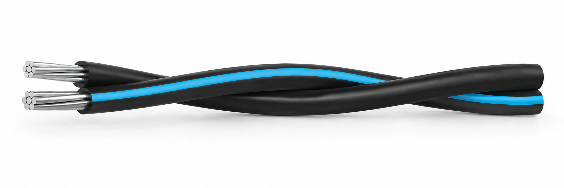 Duplex service drop cable with one plain black phase core and one blue-striped neutral core