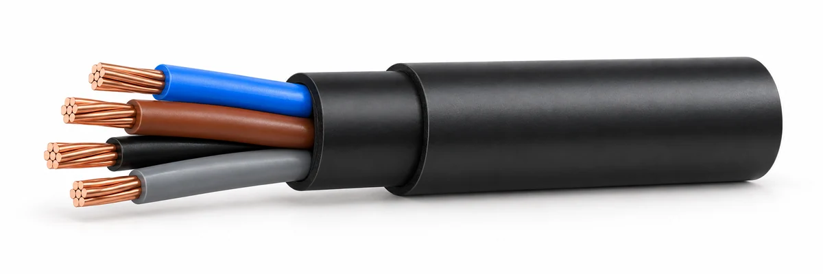 NYY — Four-core example with blue, brown, black and grey insulation and two sheath layers. Single-core construction differs.