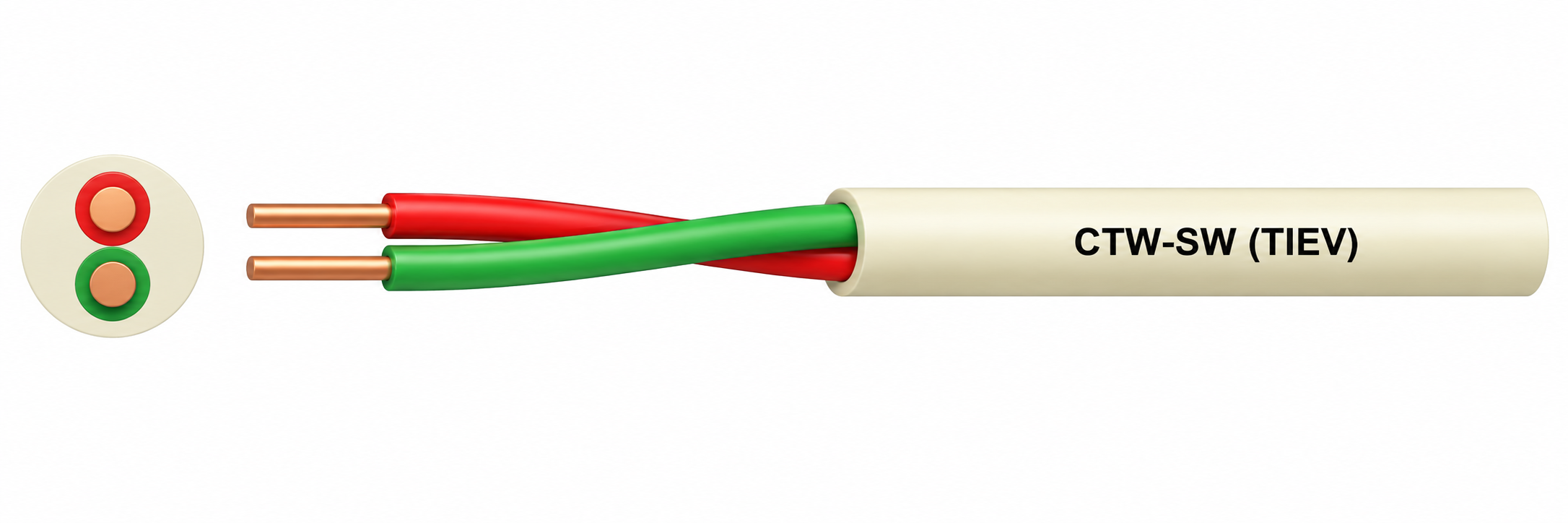 Two-core CTW-SW TIEV station wire example with red and green cores and ivory sheath