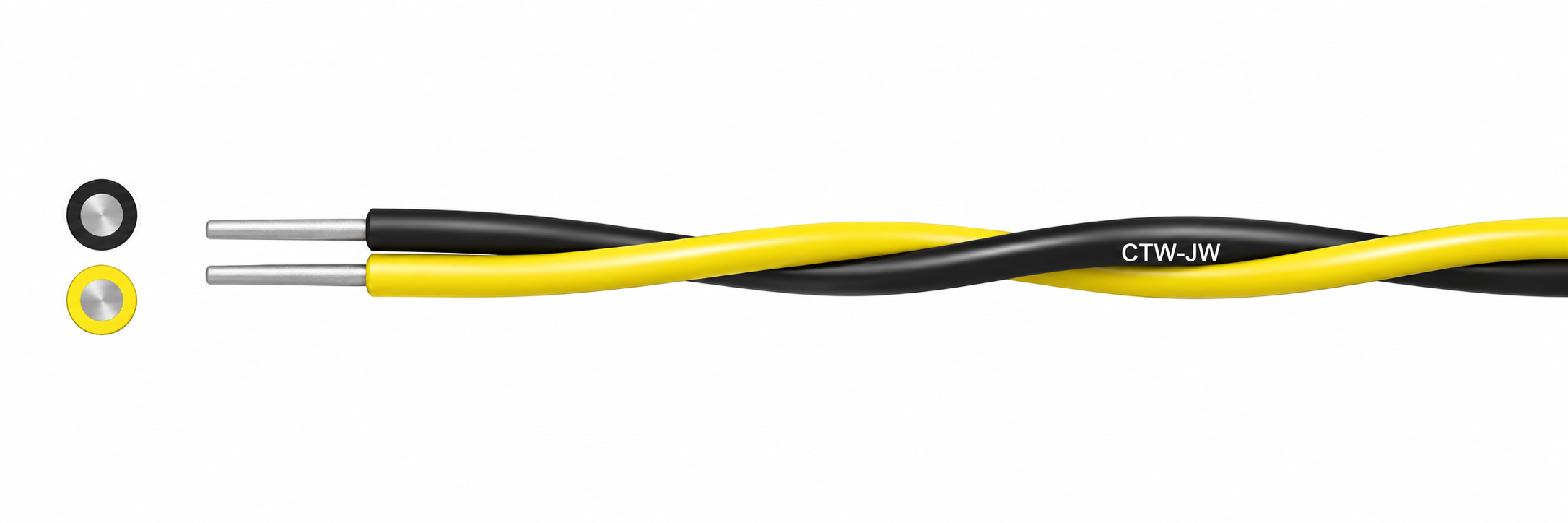 Two-core CTW-JW jumper wire example with black and yellow PVC insulation and silver tinned copper ends