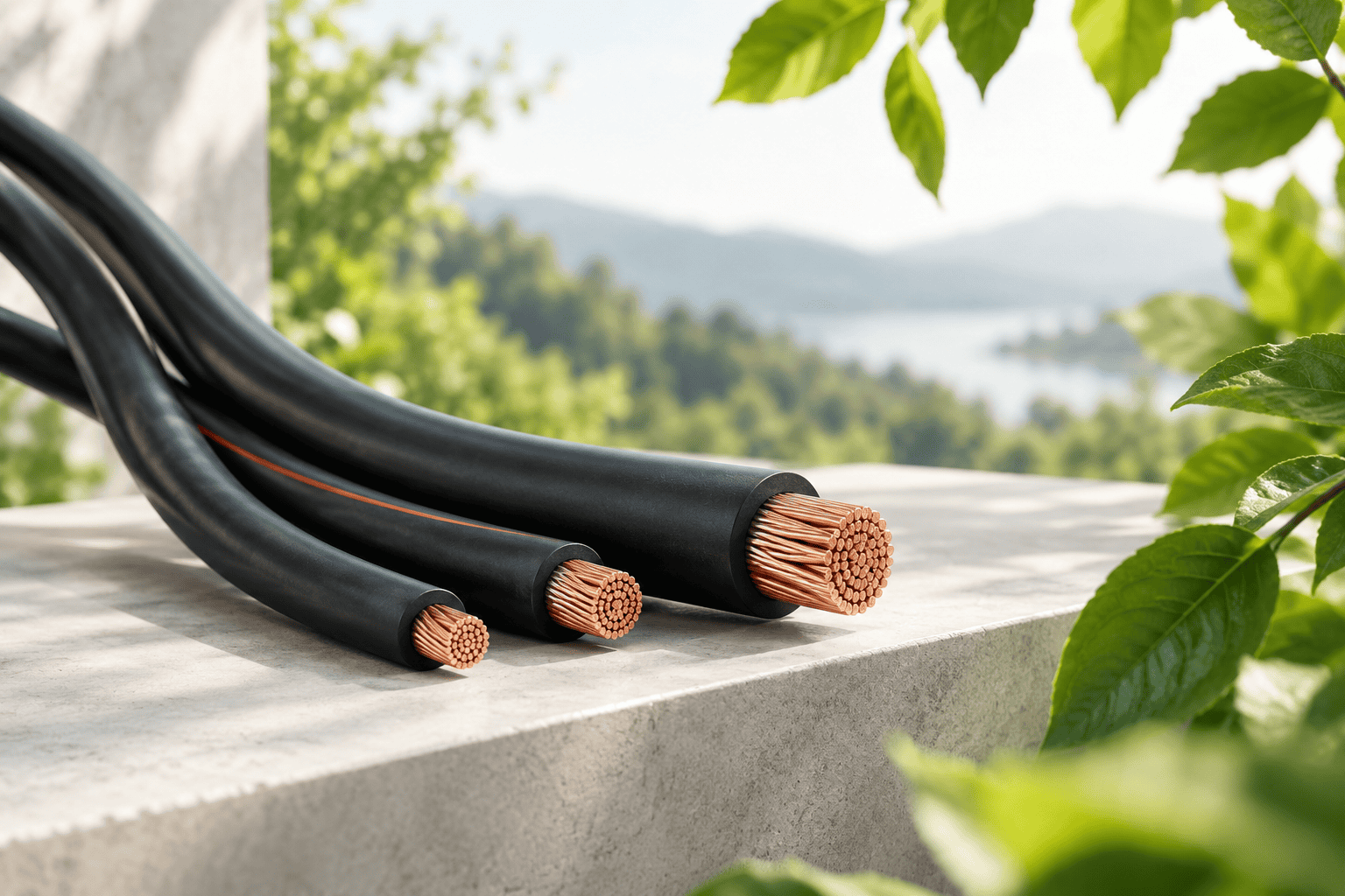 Concept illustration of copper electrical cables with green foliage in natural daylight